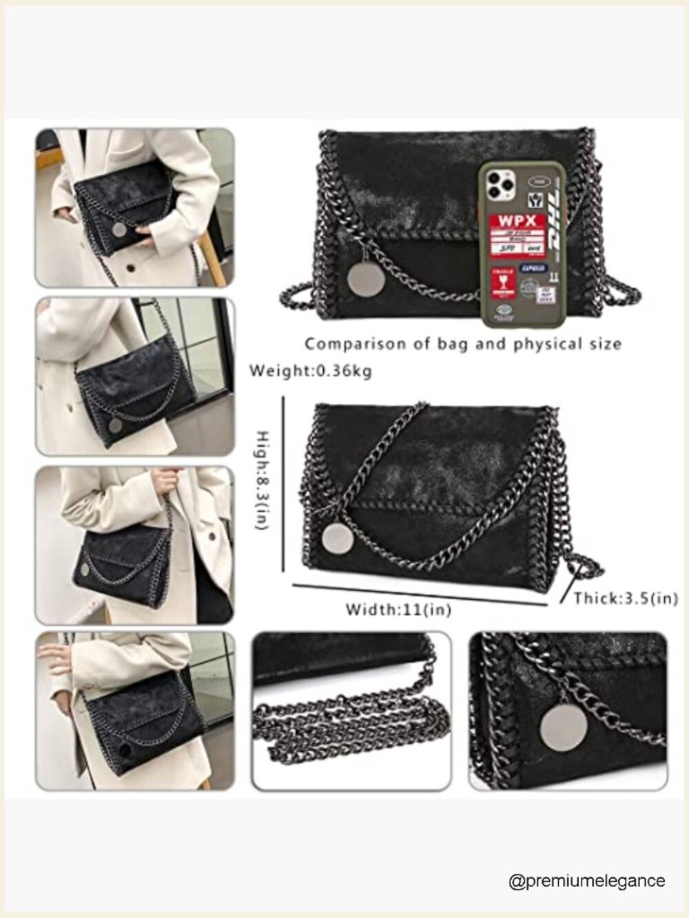 Retractable Chain Crossbody Clutch Purse PU Leather Shoulder Bag - Picture 3 of 7